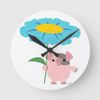 Ronde Cochon De Carton Avec Cadeau (Bleu) Mur Horloge