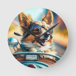 Ronde Cool chien biker, chien de conduite mignon horloge