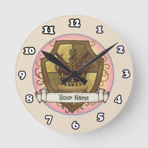 Ronde Crown Sword Shield nom de famille  horloge