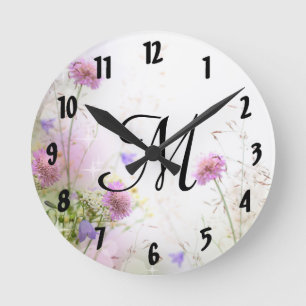 Ronde Fleurs sauvages de lavande Monogramme Horloge mura