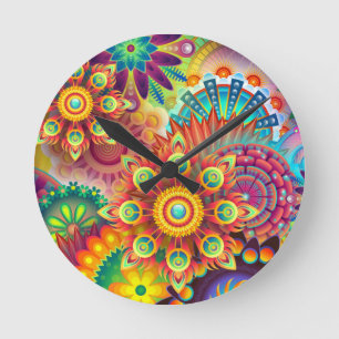 Ronde Floral Mandala Collage Psychédélique Horloge Mur