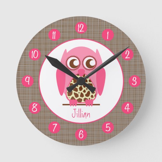 Ronde Girafe et horloge personnalisée par hibou rose (Recto)