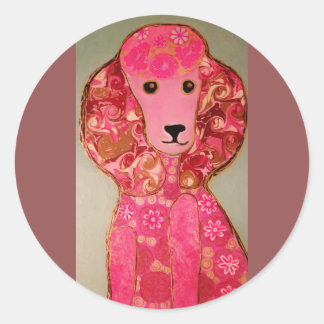 Ronde, glanzende Stickers met roze poedelhond