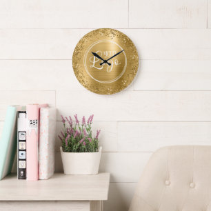 Ronde Gouden Glitter en Folie Logo Grote Klok