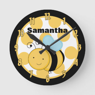 Ronde Horloge d'abeilles à miel Polkadot jaune et noir