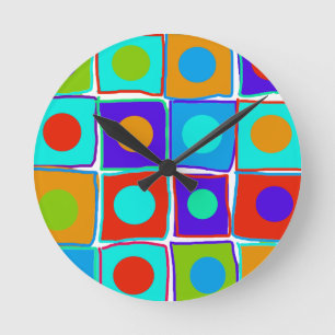 Ronde Horloge d'art Pois et Carré colorée