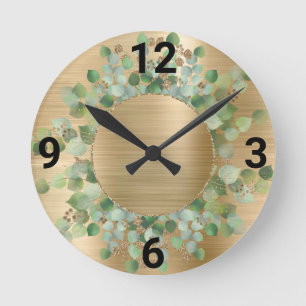 RONDE HORLOGE DE MUR D'OR BOTANIQUE VERT SAGE