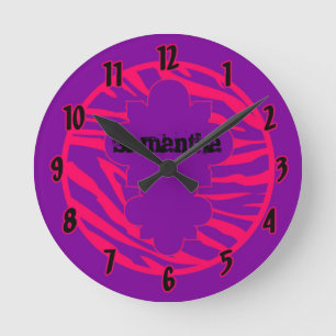 Ronde Horloge de nom personnalisée Hot rose pourpre Zebr