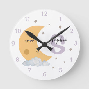 Ronde Horloge de nurserie personnalisée Lune & Étoiles L