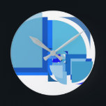 Ronde Horloge en Acrylique<br><div class="desc">Composition à partir du rapport d'or,  éléments en spirale Fibonacci. Art Abstrait aux formes géométriques en bleu.</div>