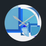 Ronde Horloge en Acrylique<br><div class="desc">Composition à partir du rapport d'or,  éléments en spirale Fibonacci. Art Abstrait aux formes géométriques en bleu.</div>