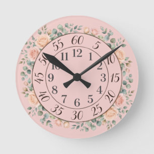 Ronde Horloge facile à lire à florale de pêche Compte