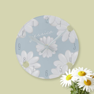 Ronde Horloge Fleurie Moderne Marguerites Bleues Printan