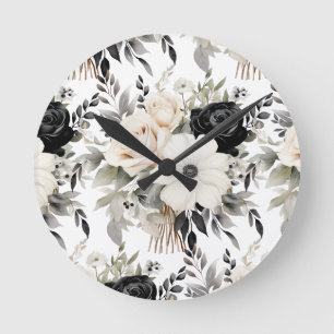 Ronde Horloge florale moderne noir et blanc Fleurs