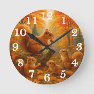 Ronde Horloge Forêt Automnale Rustique Écureuil Et Enfan