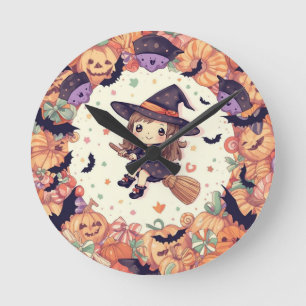 Ronde Horloge Halloween Sorcière et Citrouilles