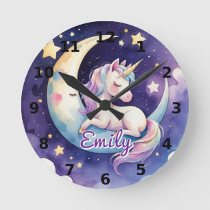 Ronde Horloge Licorne Endormie sur Lune avec Nom Éditabl
