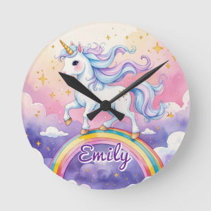 Ronde Horloge Licorne sur Arc-en-ciel avec Nom Modifiabl