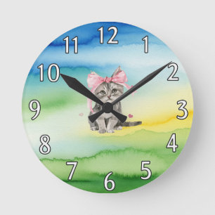 Ronde Horloge mignonne à mur de chaton avec bow rose