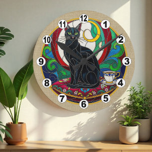 Ronde Horloge mosaïque d'art de chat noir vintage, décor