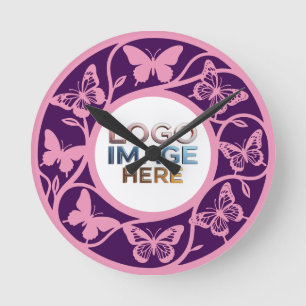 Ronde Horloge papillon rose et violet personnalisée