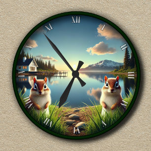 Ronde Horloge personnalisable à écureuil rayé de paysage