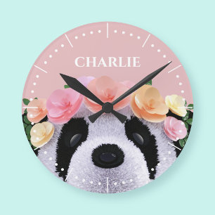 Ronde Horloge Personnalisée Fille Ourse Panda Fleurs Mig