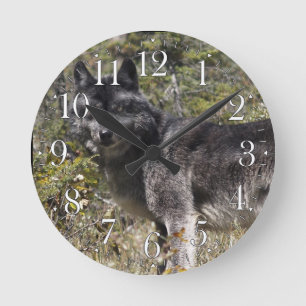 Ronde Horloge photo Loup gris foncé et pâturage forestie