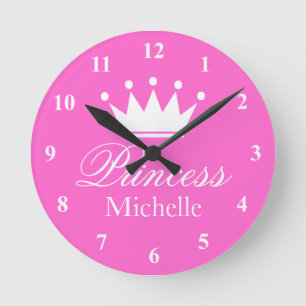 Ronde horloge rose princesse couronne murale avec nom de