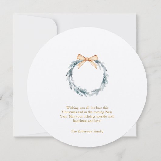 Ronde kerst Kaart met gouden script en krans (Achterkant)