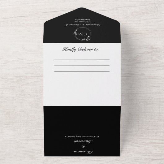 Ronde klassieke zwart-wit monogram bruiloft all in one uitnodiging (Buitenkant)