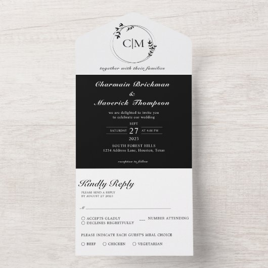 Ronde klassieke zwart-wit monogram bruiloft all in one uitnodiging (Binnen)
