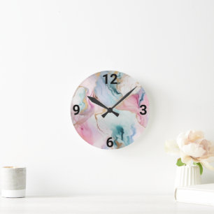 RONDE MARBRE ROSE PASTEL BLEU INSPIRÉ MUR HORLOGE