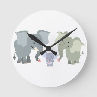 Ronde Mignonne Cartoon Elephant Famille Mur Horloge