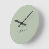 Ronde moderne sauge vert nom de script grand horloge (Angle)