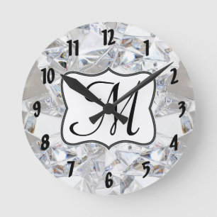 Ronde Monogramme de cristal de glace diamant Horloge mur