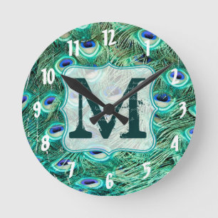 Ronde Monogramme de plumes d'oiseaux de paon Horloge mur