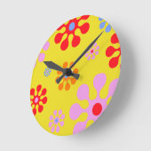 Ronde Motif Fleur Fraîche Rétro Horloge Mur Jaune (Angle)