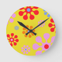 Motif Fleur Fraîche Rétro Horloge Mur Jaune
