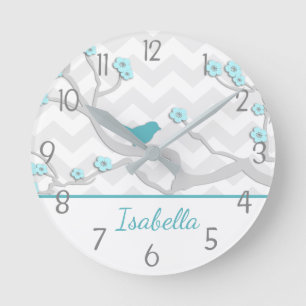 Ronde Oiseau gris Aqua turquoise sur la branche Horloge