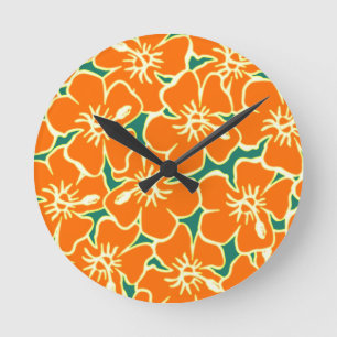 Ronde Orange Hibiscus Fleurs Tropical Horloge Hawaïenne