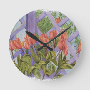 RONDE ORANGE TULIPS SUR PURPLE LATTICE HORLOGE