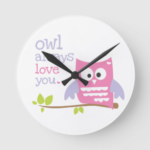 Ronde "owl toujours love you" horloge de hibou rose et v