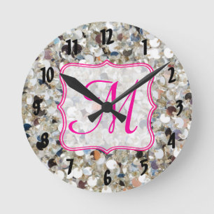 Ronde Pile de Parties scintillant Monogramme Horloge mur