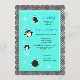 Ronde pinguïns jongen baby shower 5 x 7 uitnodigin kaart