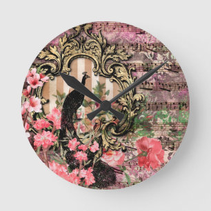 Ronde Pink Peacocks Peacock France Acrylique Horloge mur