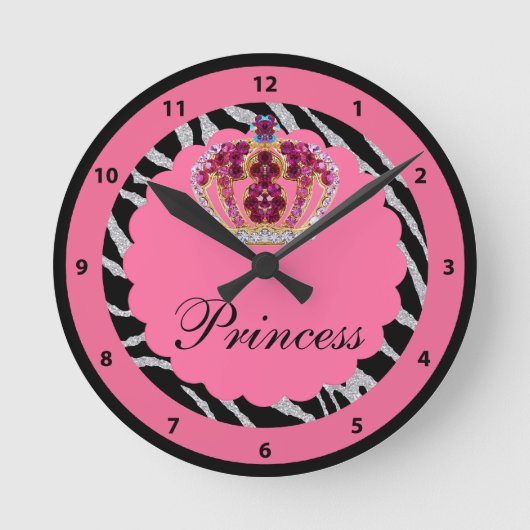 Ronde Pink Princess Bling Crown & Zebra Print Horloge (Recto)
