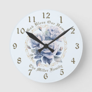 Ronde Rose Bleu Personnalisé Horloge Dieu Béni Notre Mai