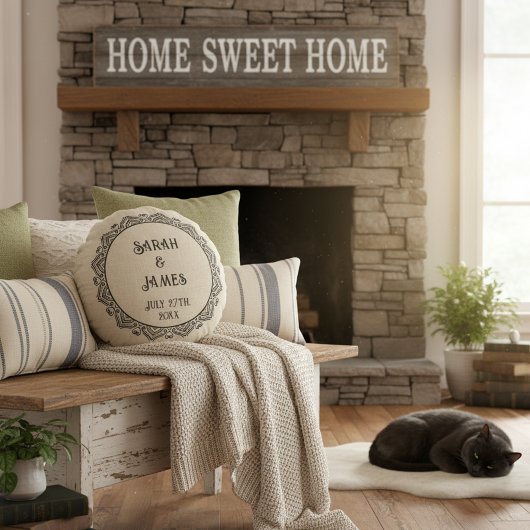 Ronde Rustieke Boerderij Trouwkussen met namen Rond Kussen
