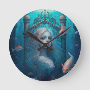 Ronde Sirène nageant avec le poisson mignon horloge mura